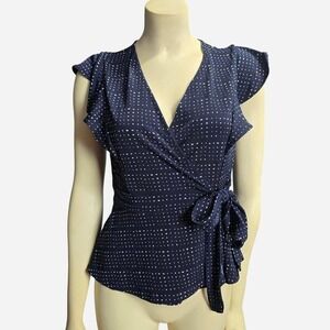 Banana Republic Navy Blue White Dot Flutter Sleeve Wrap Top Blouse XS